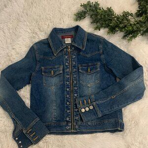Denim Jean Jacket Eyelet Detail Ladies Sz XL Buttons Moto